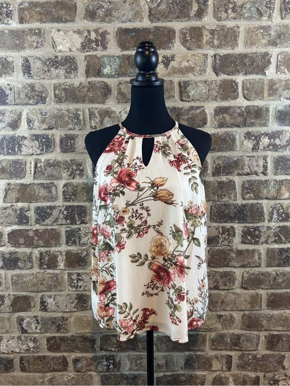 First Love Cream Halter Top with Rose & Green Floral Print